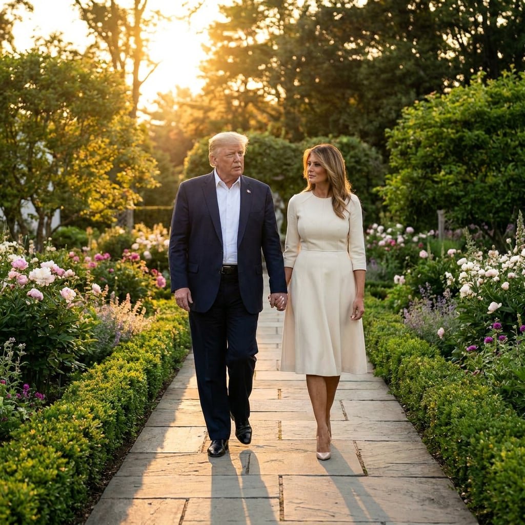 DraganaIli62035's tweet photo. The sun is setting, the flowers are blooming, and they are still walking together — calm, dignified, and forever. 🌅💛
#Trump #MelaniaTrump #PowerCouple #GoldenHour #FirstCouple #MAGA https://t.co/9IFxVo7PBx