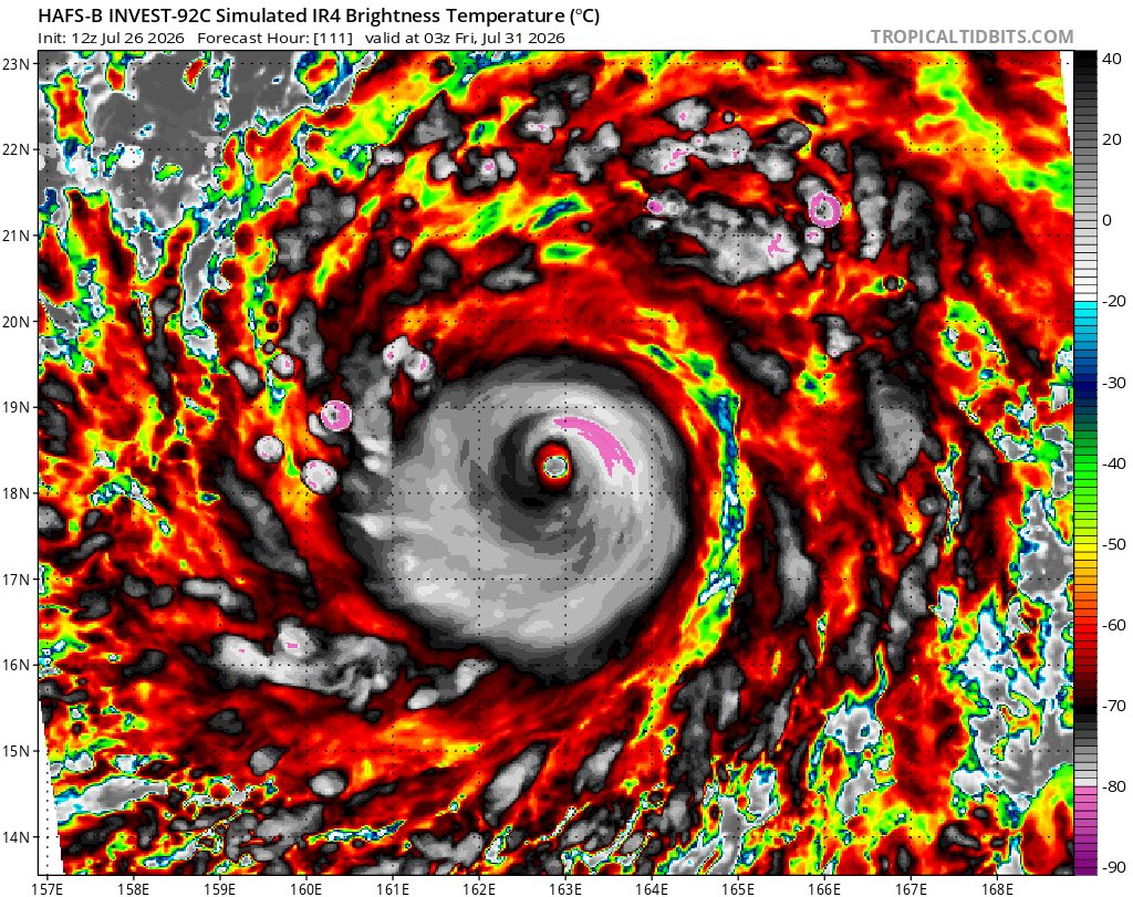 Stormteen1's tweet photo. We got a hall of fame run from both HAFS-A and B models for 12Z in #92C. The show it reaching 175-185 kts (200-215 mph) with a pressure of 871-885 mbar. I believe the max peak is 150-170 kts (175-195 mph). These environment in the eastern #WPAC is very ripe. #wxtwitter #wx https://t.co/8TDqjn1nIX