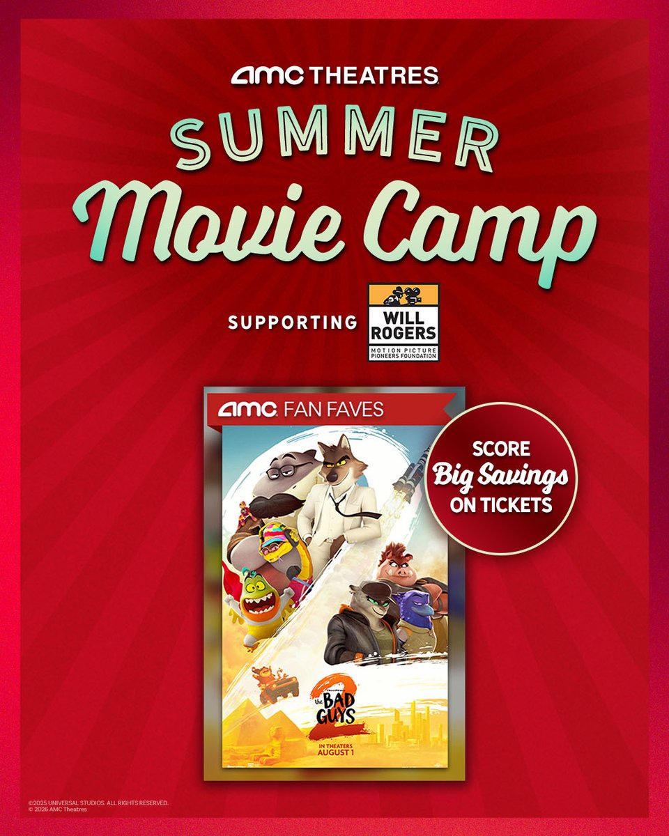 AMCTheatres's tweet photo. Back to Badness. Get discounted tickets to THE BAD GUYS 2 on 7/27 &amp; 7/29. Save on more family favorites every Monday &amp; Wednesday through 8/12! A portion of the proceeds will support the Will Rogers Motion Picture Pioneers Foundation. Get 🎟️: https://t.co/twcL7rniKY https://t.co/tIkUEgoKB5