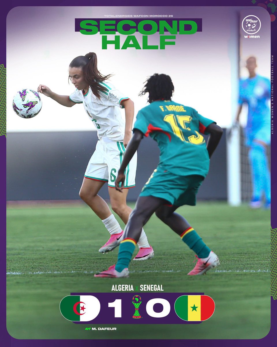 Lesvertes_dz's tweet photo. SECOND HALF | بداية الشوط الثاني
Sénégal 🇸🇳 0-1 Algérie 🇩🇿
#SENALG | #LesVertes | #123VivaLAlgérie 🇩🇿 | #WAFCON2026 https://t.co/zTsrrD038V