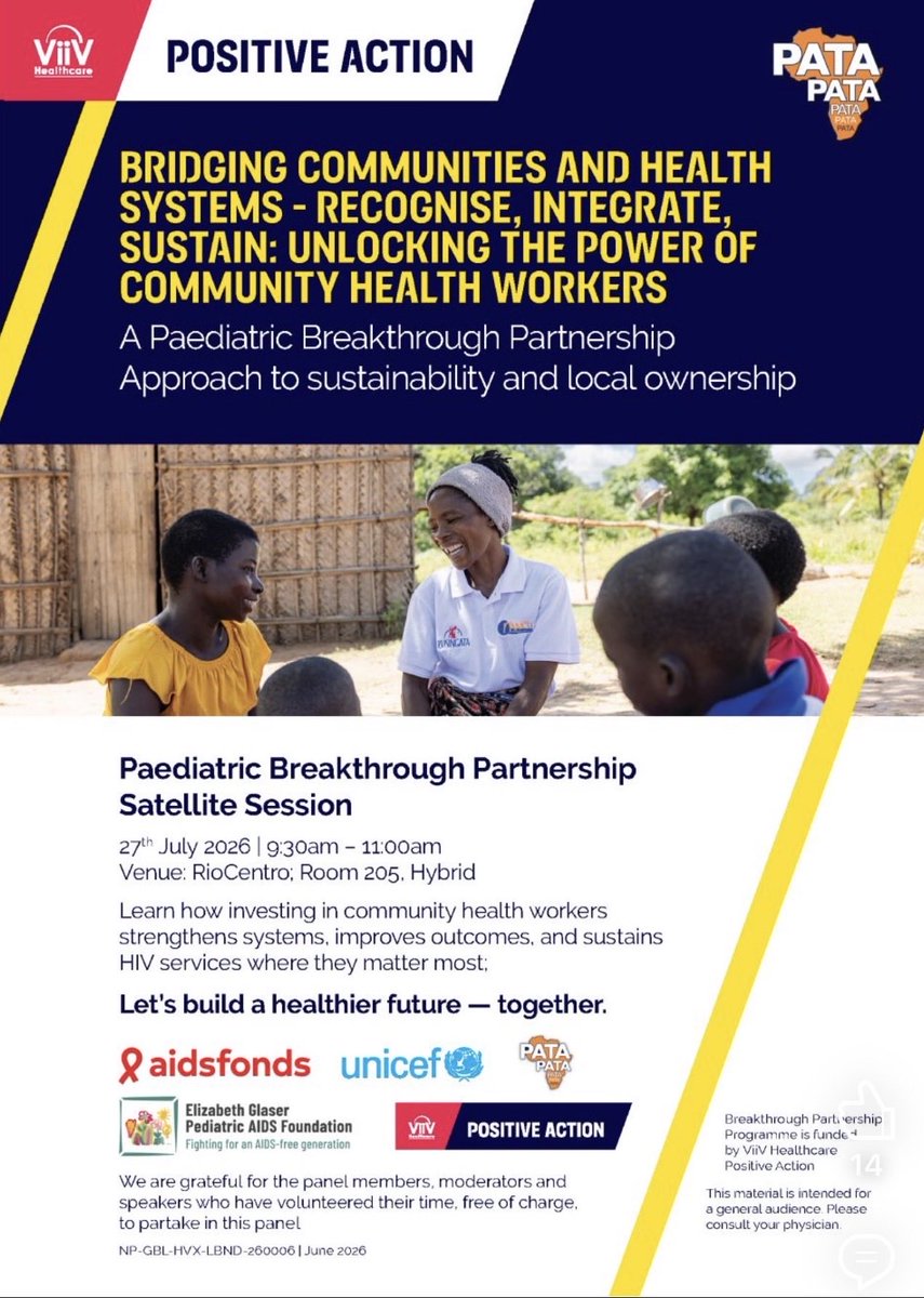 EGPAF's tweet photo. Want to start your #AIDS2026 off with an incredible session about the power of community health workers? 
Join us at 9:30 in Room 205 for the @ViiVHC PediatricBreakthrough Partnership satellite. 

@teampata @unicef_aids @Aidsfonds_intl https://t.co/x11PxddqSo