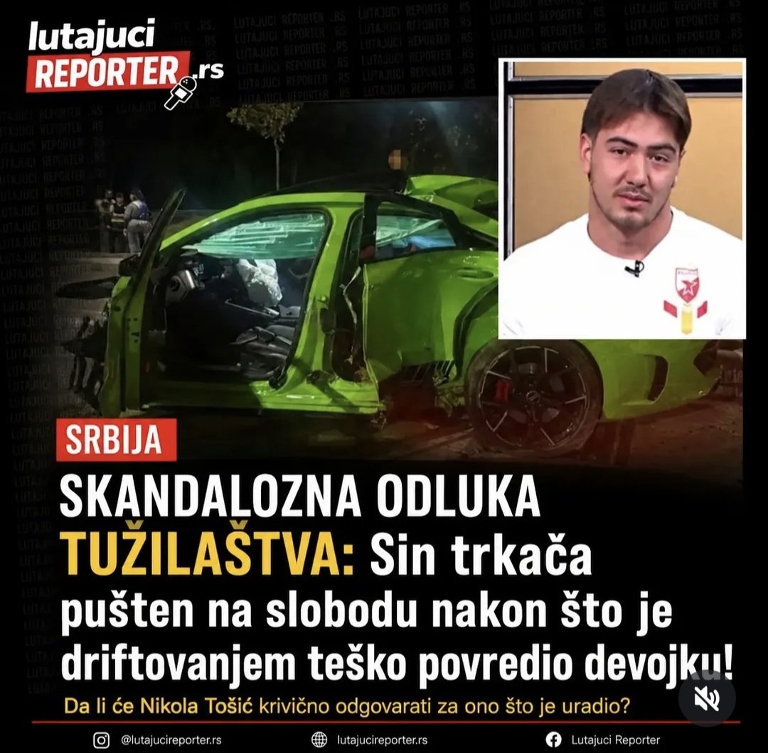 TSelenic's tweet photo. Driftovao u sred grada kolima u kojima nije bio sam, njemu ništa, suvozač lakše povredjen a devojka koja je sedela pozadi teško povredjena, i umesto hitnu pozove tati i sklone auto sa mesta nesreće, uvidjaj odradjen-nikako, tata bitan član, bahati klinac priznao i pušten.
Srbija https://t.co/j8h1ptSwy6