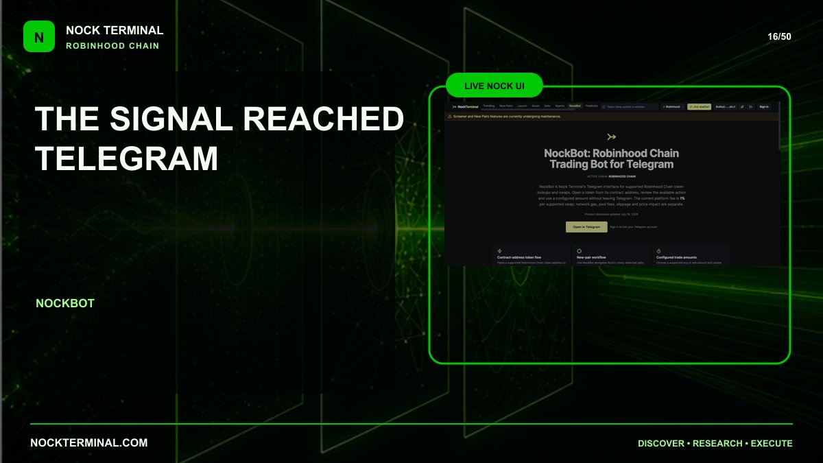 NockTerminal's tweet photo. When a setup lands in Telegram, the useful context should land with it.

NockBot keeps Robinhood Chain research close to the trade. https://t.co/cFdGNckP9M