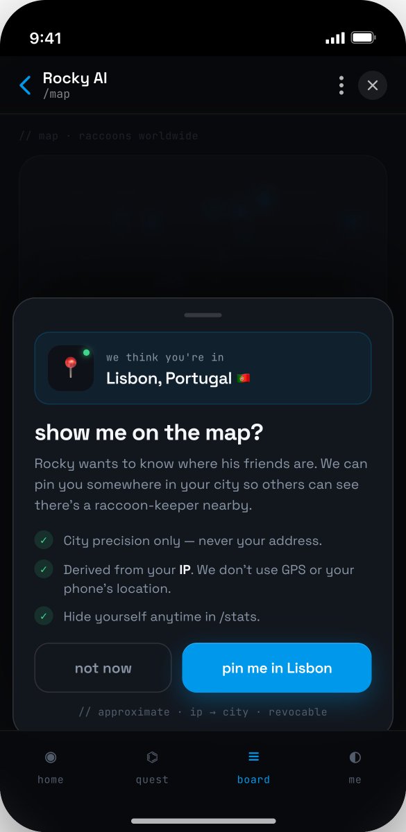 racccointon's tweet photo. 🌍 ROCKY GOES GLOBAL: The Geo Leaderboard is Here! 🦝📍

Listen up, pack! We’re hyped to roll out the brand-new Geo Leaderboard in Rocky!

Ever wondered where your fellow raccoon-keepers are raiding from? Now you can explore the raccoons across the globe and put your city on the top of the leaderboards!

What’s new:

🗺️ Global Pack Tracker: See active raccoons online across hundreds of cities and dozens of countries.

🏆 City Leaderboards: Rep your region! See which cities host the most active keepers, track top scorers, and help your group climb the global ranks.

🔒 100% Privacy-First & Optional:

City Precision Only: We only pin your general city—never your exact address.

No GPS Needed: Location is derived purely from your IP address.

You're in Control: Completely opt-in! Hide yourself anytime with a single tap

Ready to pin your city and represent your region? Open Rocky, hit leaderboard, and put your city on the map!