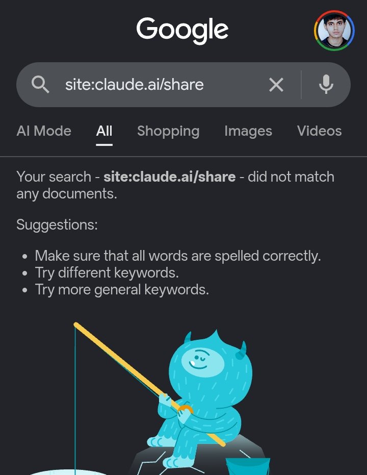ascorbichelix's tweet photo. Now that we know from the last post that these shared links are appearing in search results, let's understand how @AnthropicAI could have avoided it and how it can fix it.

To answer that, we first need to understand how search engines work.

1. Discovery

The first thing a search engine needs to know is that a page exists.

Search engines first discover URLs through:

- Internal links
- External links
- XML sitemaps submitted by the website owner
- Previously crawled pages

Once discovered, the URL is added to a crawl queue. At this stage, the search engine only knows that the URL exists.

2. Crawling

A crawler (such as Googlebot) visits the URL and downloads its HTML, CSS, JavaScript and metadata.

Before crawling, it checks the site's "robots.txt".

Example:

User-agent: *
Disallow: /private/

This simply tells crawlers:

"Don't crawl these pages."

It does not mean:

"Don't show these pages in search results."

Imagine another website links to:

https:// https://t.co/ay5slNq4Gg share/ abc123

Google discovers the URL from that external link.

If "robots.txt" blocks crawling, Google already knows the URL exists but isn't allowed to visit it. Since it can't crawl the page, it also can't read any instructions inside it.

The URL itself may still appear in search results (sometimes without a title or snippet).

That's why "robots.txt" is not a privacy mechanism.

3. Indexing

After crawling, the search engine decides whether to add the page to its search index.

This is where "noindex" comes in.

<meta name="robots" content="noindex">

or

X-Robots-Tag: noindex

These tell search engines:

"You may crawl this page, but don't include it in your search index."

Even if another website links to the page, Google can crawl it, see the "noindex" directive, and avoid indexing it (or remove it if it was previously indexed).

Discovery ≠ Indexing.

4. Ranking

When someone searches, Google doesn't search the internet in real time.

It searches its index and ranks indexed pages based on relevance, quality, freshness, backlinks, page speed and many other signals.

How Anthropic could fix already indexed pages

If some shared pages have already been indexed, adding "noindex" alone isn't enough, they must remain crawlable so search engines can revisit them and see the new directive.

To speed up the process, @AnthropicAI can also submit removal requests through search engine webmaster tools (such as Google Search Console's Removals tool), allowing the pages to disappear from search results much sooner.

Key takeaway

Discovery → Crawling → Indexing → Ranking

- "robots.txt" controls crawling.
- "noindex" controls indexing.

If the goal is:

"Anyone with the link can access the page, but it shouldn't appear in search results."

Then "noindex" is the correct solution not "robots.txt".

Fun Fact: These Links only appear when using Brave Search and they show no results in Google Search so it appears that @AnthropicAI got them removed by Google but not by Brave