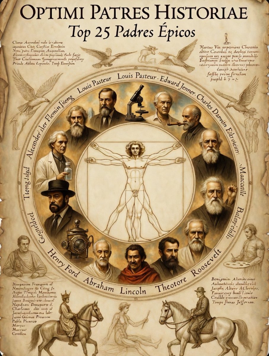 enmanuelrm's tweet photo. ⚔️ TOP 25 PADRES ÉPICOS DE LA HISTORIA

1. Jonas Salk 🇺🇸  
Padre de 3. Inventó la vacuna de la polio y la probió en sus hijos. Salvó millones.

2. Louis Pasteur 🇫🇷  
Padre de 5. Vacunas contra rabia y ántrax + pasteurización. Derrotó plagas generacionales.

3. Alexander Fleming 🇬🇧  
Padre de 1. Descubrió la penicilina. El primer antibiótico que detuvo la muerte por infección.

4. Edward Jenner 🇬🇧  
Padre de 3. Creó la primera vacuna de la historia (viruela). Erradicó una plaga continental.

5. Charles Darwin 🇬🇧  
Padre de 10. Escribió El origen de las especies. Redefinió la vida en la Tierra.

6. Albert Einstein 🇩🇪  
Padre de 3. Relatividad + E=mc². Cambió la física y el universo.

7. Thomas Edison 🇺🇸  
Padre de 6. Bombilla práctica + 1.000 patentes. Encendió el mundo moderno.

8. Alexander Graham Bell 🇬🇧  
Padre de 4. Inventó el teléfono. Conectó a la humanidad a distancia.

9. Guglielmo Marconi 🇮🇹  
Padre de 5. Radio práctica. Nació la comunicación inalámbrica global.

10. Henry Ford 🇺🇸  
Padre de 1. Producción en masa y línea de ensamblaje. Puso el mundo sobre ruedas.

11. Theodore Roosevelt 🇺🇸  
Padre de 6. Presidente, soldado y rompedor de monopolios. Creó los parques nacionales.

12. Abraham Lincoln 🇺🇸  
Padre de 4. Terminó la esclavitud y salvó a EE.UU. de la guerra civil.

13. Winston Churchill 🇬🇧  
Padre de 5. Lideró a Gran Bretaña a la victoria en la Segunda Guerra Mundial.

14. Nelson Mandela 🇿🇦  
Padre de 6. Derrotó el apartheid sin venganza. Unió una nación destrozada.

15. Mahatma Gandhi 🇮🇳  
Padre de 4. Independencia de India con no-violencia. Cambió un continente.

16. Martin Luther King Jr. 🇺🇸  
Padre de 4. Lideró los derechos civiles. Transformó la justicia racial.

17. Benjamin Franklin 🇺🇸  
Padre de 3. Domó la electricidad, firmó la independencia e inventó los bifocales.

18. Thomas Jefferson 🇺🇸  
Padre de varios. Redactó la Declaración de Independencia y expandió EE.UU.

19. Napoleón Bonaparte 🇫🇷  
Padre de varios. Conquistó Europa y creó el Código Napoleónico que aún rige.

20. Carlomagno 🇫🇷  
Padre de 20. Unificó Europa, fundó escuelas y leyes. Padre de Occidente.

21. Jacques Cousteau 🇫🇷  
Padre de varios. Inventó el acuatlón y reveló los océanos al mundo.

22. Pablo Picasso 🇪🇸  
Padre de 4. Inventó el cubismo y revolucionó el arte moderno.

23. Marco Aurelio 🇮🇹  
Padre de 14. Emperador estoico de Meditaciones. Gobernó Roma con sabiduría en crisis.

24. Príncipe Alberto 🇩🇪  
Padre de 9. Reformó la monarquía británica e impulsó ciencia e industria.

25. Jim Henson 🇺🇸  
Padre de 5. Creó los Muppets y Sesame Street. Educó y alegró a generaciones enteras.

¿Cuáles Dominicanos hacen la lista?