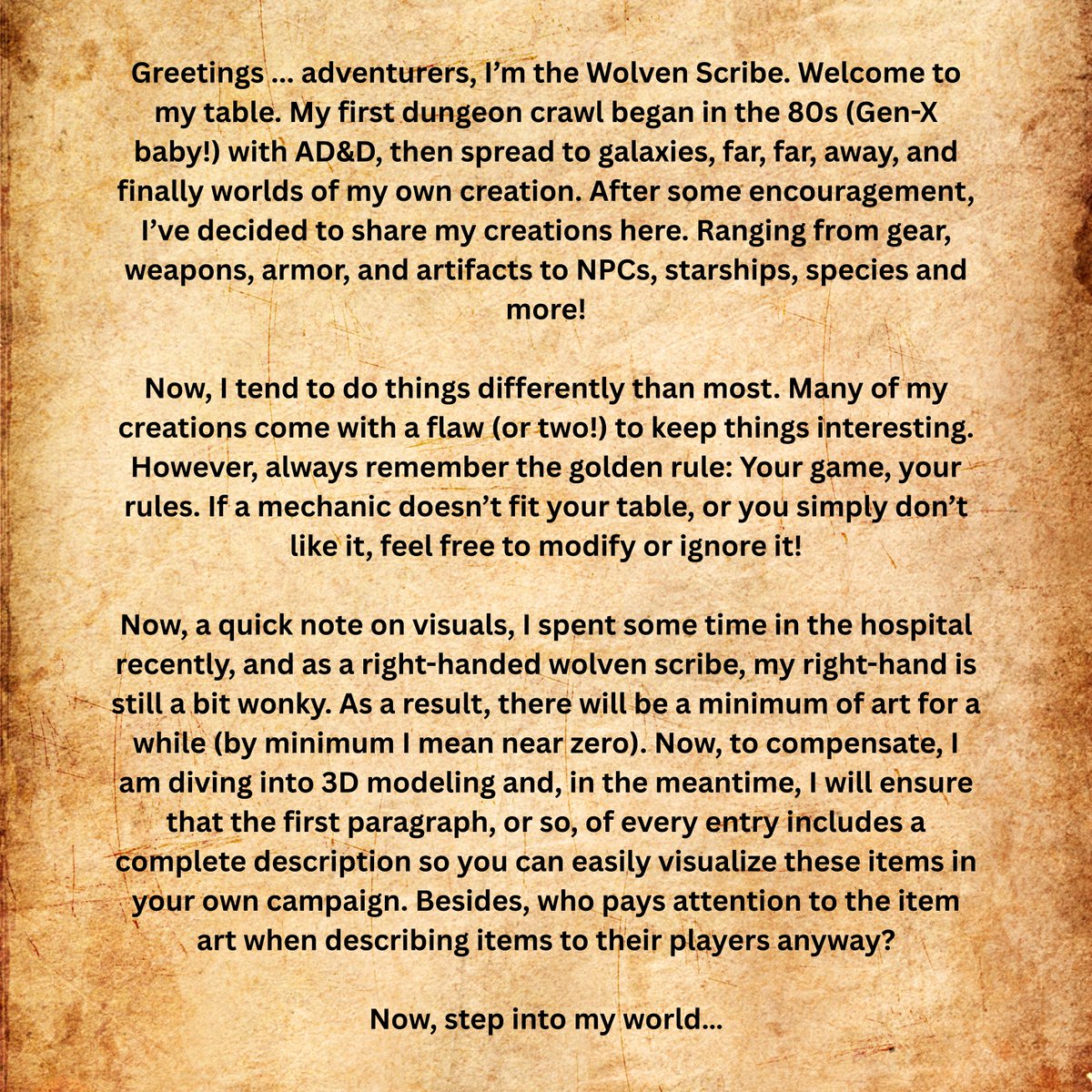TheWolvenScribe's tweet photo. Greetings... adventurers...
https://t.co/lPWzP4yxtO
#WolvenScribe #GMforlife #AboutMe #GenX
#OldSchoolGamer https://t.co/zfoEYsBwqo
