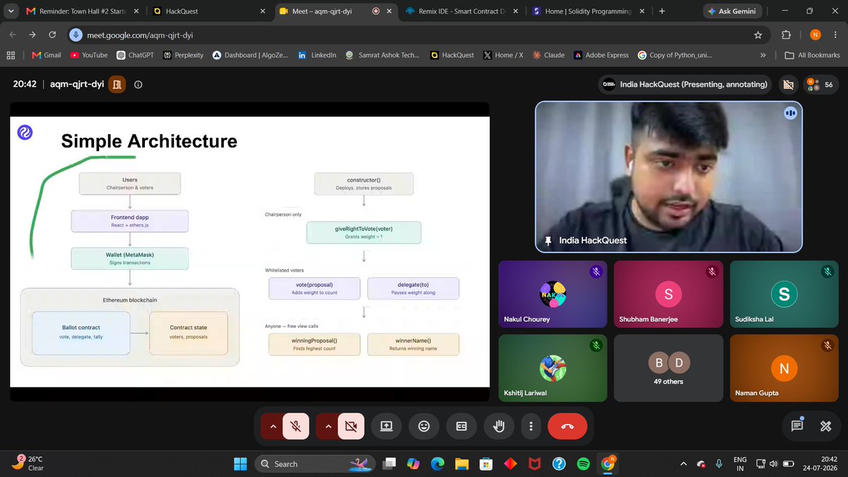 NGupta7909's tweet photo. 🚀 Every session at HackQuest India × Injective brings me one step closer to becoming a Web3 developer. 
@HackQuestIN 
@injective 
@imanishbarnwal
@AbhirupTweetOn 

#HackQuestIndia #Injective #CoLearningCamp #Solidity #SmartContracts #Web3 https://t.co/x3qaMz7WJe