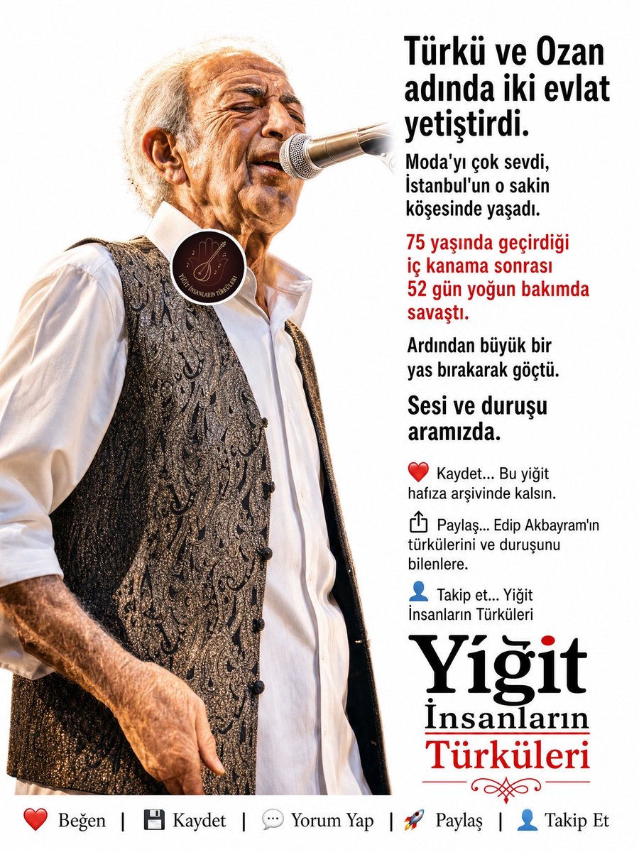yigitinsanturku's tweet photo. 5/5

75 yıllık onurlu bir yürüyüşün ardından, 52 gün süren yoğun bakım mücadelesiyle aramızdan ayrıldı. Edip Akbayram; sesiyle, duruşuyla ve insanlığıyla bu toprakların "Yiğit İnsanı" olarak kalacak. Devrin daim olsun usta. 

#EdipAkbayram #yigitinsanlarinturkuleri #yiğitinsanlarıntürküleri