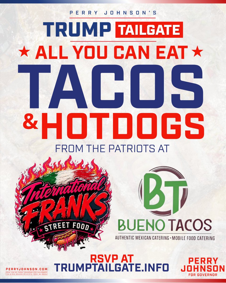 PJQualityGuru's tweet photo. Join us tomorrow at the TRUMP TAILGATE in Milford!

📍 1150 South Milford Rd., Milford, MI
🕑 2:00 PM to 6:00 PM

Enjoy FREE all-you-can-eat tacos and hot dogs, featured cocktails including the MEGA Audit Mojito and the 4747 Margarita while we celebrate President Trump‘s return to Michigan.

I hope you’ll come out, bring your family and friends, and let’s keep building the momentum to save our Republican ticket so we can win in November and save our state!

See you tomorrow!