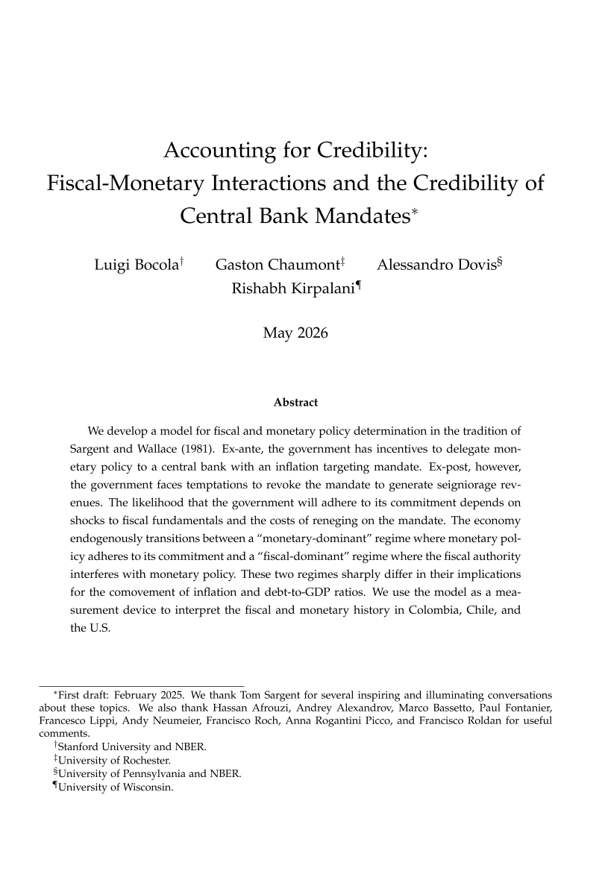 int_mon_econ's tweet photo. Food for thought!

"Accounting for Credibility: Fiscal-Monetary Interactions and the Credibility of Central Bank Mandates" by Luigi Bocola, Gaston Chaumont, Alessandro Dovis, and Rishabh Kirpalani.

"We develop a model for fiscal and monetary policy determination in the tradition of Sargent and Wallace (1981). Ex-ante, the government has incentives to delegate monetary policy to a central bank with an inflation targeting mandate. Ex-post, however, the government faces temptations to revoke the mandate to generate seigniorage revenues. The likelihood that the government will adhere to its commitment depends on shocks to fiscal fundamentals and the costs of reneging on the mandate. The economy endogenously transitions between a “monetary-dominant” regime where monetary policy adheres to its commitment and a “fiscal-dominant” regime where the fiscal authority interferes with monetary policy. These two regimes sharply differ in their implications for the comovement of inflation and debt-to-GDP ratios. We use the model as a measurement device to interpret the fiscal and monetary history in Colombia, Chile, and the U.S."

https://t.co/A3fwWQBJZF