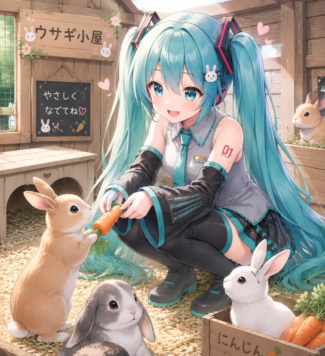 AIイラスト #ウサギの餌やり #初音ミク ウサちゃんに人参をあげる