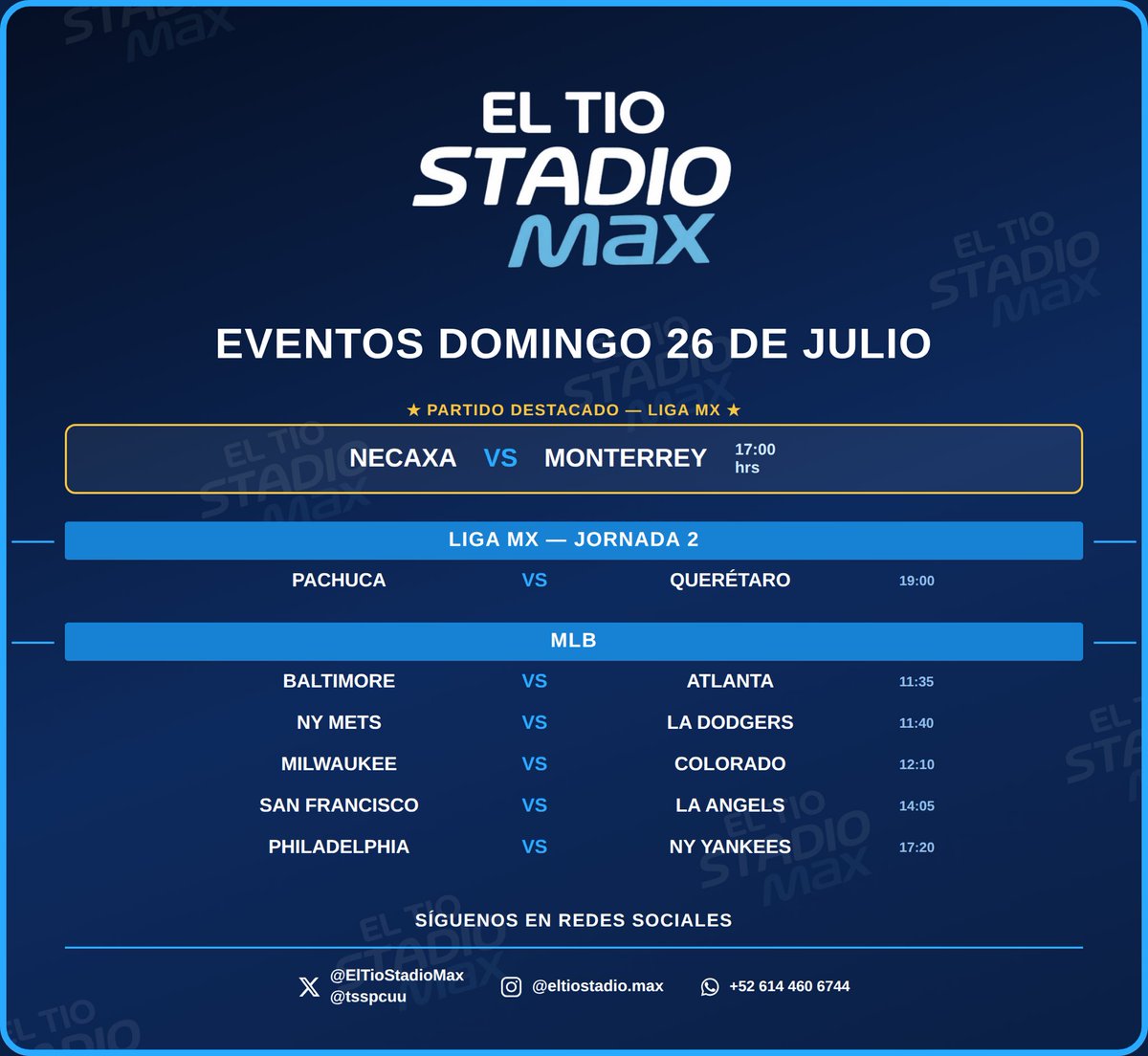 ElTioStadioMax's tweet photo. ¡Domingo de puro deporte, sobrinos! 🔥⚽⚾
Liga MX, MLB y el partidazo Necaxa 🆚 Monterrey para cerrar el fin de semana como se debe. 😮‍💨🍿

Con tu Tío Stadio lo tienes TODO en un solo lugar. 📺🔥
Mándanos DM y no te pierdas ni un solo juego. 👊 https://t.co/CMScUubwht