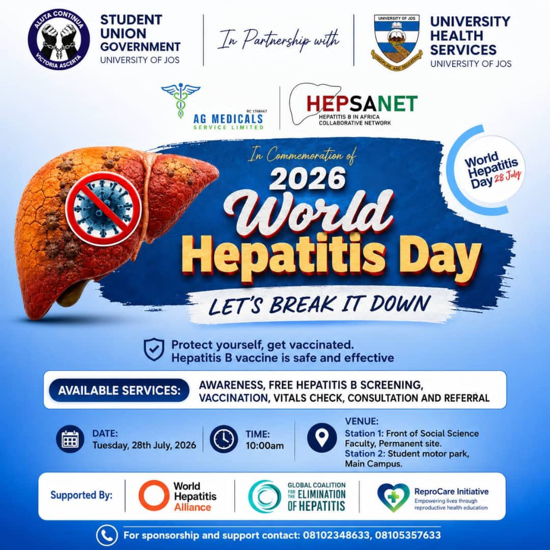 REPROCAREI's tweet photo. A healthy Josite is a wealthy Josite
The student union government UNIJOS present Free screening and vaccination on world hepatitis day
Date:28/07/2026
Venues: SOSSA entrance and main camp.
Time : 9:00am to 2:00pm
#unijos https://t.co/pHAqgBnWqi