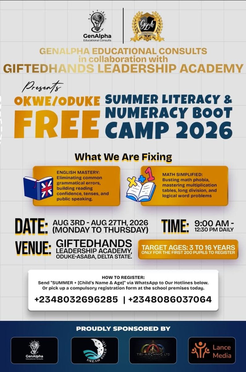 stdjes's tweet photo. Aug 3–27: kids aged 3–16 in Odùke, Asaba get free literacy &amp; numeracy training.
Tutors get trained first too — so the impact actually sticks. https://t.co/dD51kcTZQO