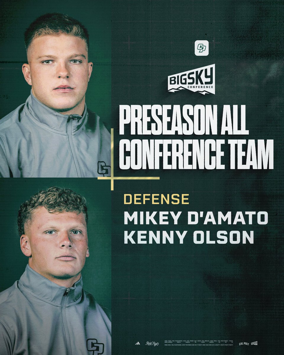 calpolyfootball's tweet photo. The Bash Brothers are already getting recognized by the Big Sky

Congrats to linebackers Mikey D'Amato and Kenny Olson on being named to the Big Sky Preseason All-Conference Team!

📰: https://t.co/WJqXk0h46S

#RideHigh https://t.co/KB8itcMiEP