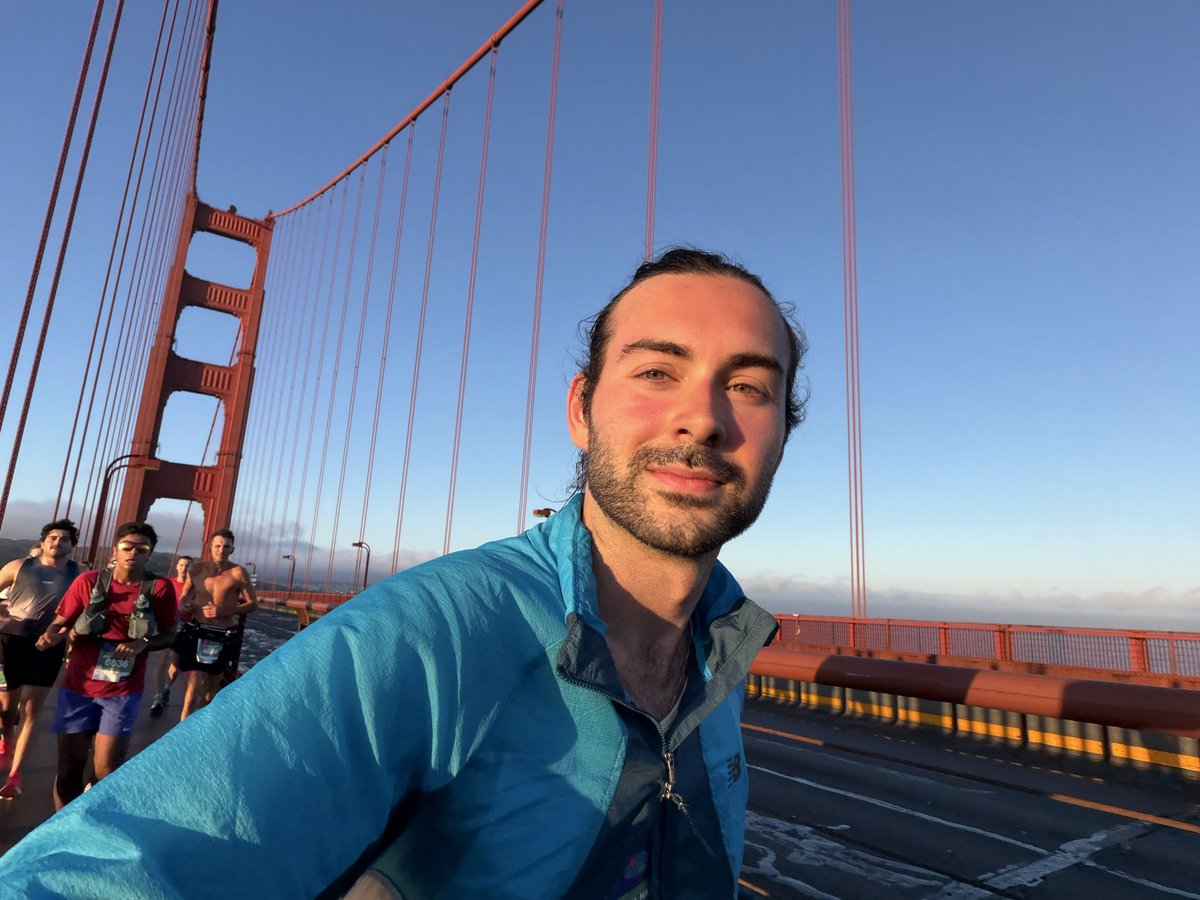 owenmfigg's tweet photo. First marathon! (4:14:05) 
Most picturesque run I’ve ever been on. Running up to the Golden Gate Bridge with the sunrise was the cherry on top, so beautiful. 

I’m super proud of my time despite originally aiming for around 3h30. Finishing my degree at UNH and moving to Baltimore threw more than a wrench into my training plan and I was pretty nervous about hitting a wall a lot sooner than it happened (around mile 22). Longest run before today was only two weeks ago, 13.2 miles.

Really glad my friend Charles invited me to come run this with him (and massive props to him for a sub 3 hour run, these hills were intense!)