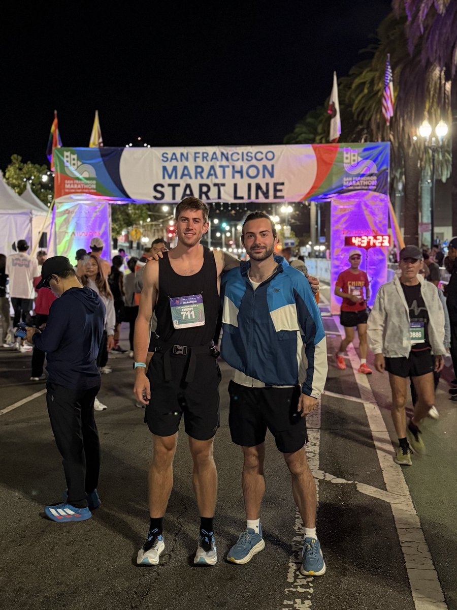 owenmfigg's tweet photo. First marathon! (4:14:05) 
Most picturesque run I’ve ever been on. Running up to the Golden Gate Bridge with the sunrise was the cherry on top, so beautiful. 

I’m super proud of my time despite originally aiming for around 3h30. Finishing my degree at UNH and moving to Baltimore threw more than a wrench into my training plan and I was pretty nervous about hitting a wall a lot sooner than it happened (around mile 22). Longest run before today was only two weeks ago, 13.2 miles.

Really glad my friend Charles invited me to come run this with him (and massive props to him for a sub 3 hour run, these hills were intense!)