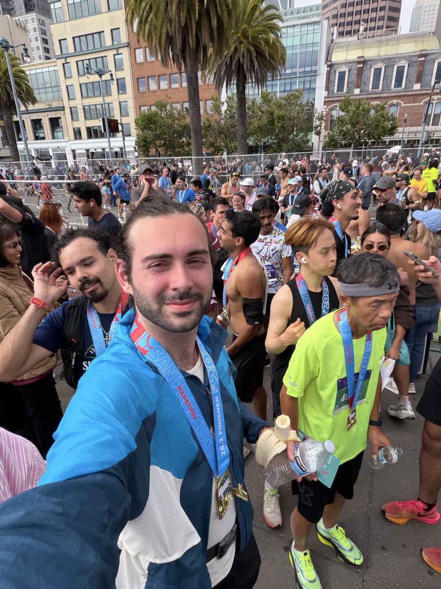owenmfigg's tweet photo. First marathon! (4:14:05) 
Most picturesque run I’ve ever been on. Running up to the Golden Gate Bridge with the sunrise was the cherry on top, so beautiful. 

I’m super proud of my time despite originally aiming for around 3h30. Finishing my degree at UNH and moving to Baltimore threw more than a wrench into my training plan and I was pretty nervous about hitting a wall a lot sooner than it happened (around mile 22). Longest run before today was only two weeks ago, 13.2 miles.

Really glad my friend Charles invited me to come run this with him (and massive props to him for a sub 3 hour run, these hills were intense!)