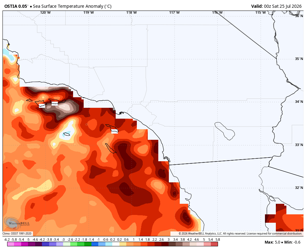 US_Stormwatch's tweet photo. The water temperature hit a balmy 76.8°F at Santa Monica Pier yesterday, the highest July water temperature ever recorded at the pier. 

As a result of these warm ocean temperatures, SoCal has been much more humid than normal this summer. https://t.co/v9oo6Dpiax