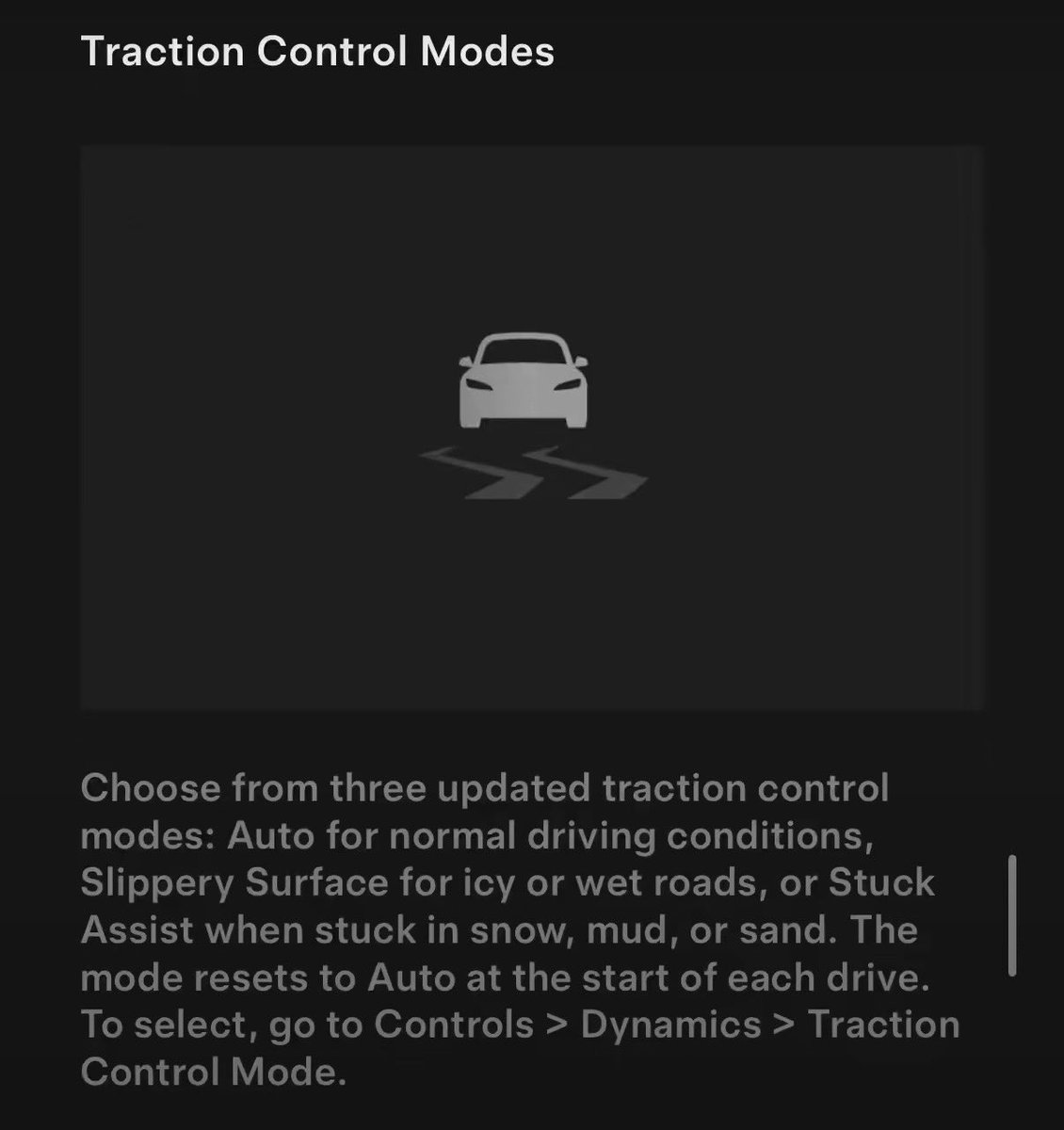 DriveTeslaca's tweet photo. Tesla’s 2026 Summer Update is now rolling out through software update 2026.26. 

One new feature not included in Tesla’s post about the update is ‘Traction Control Modes’:

• Auto for normal driving conditions 
• Slippery Surface for icy or wet roads
• Stuck Assist when stuck in snow, mud, or sand 

Tesla previously had ‘Slip Start’ for snow, sand, or mud.