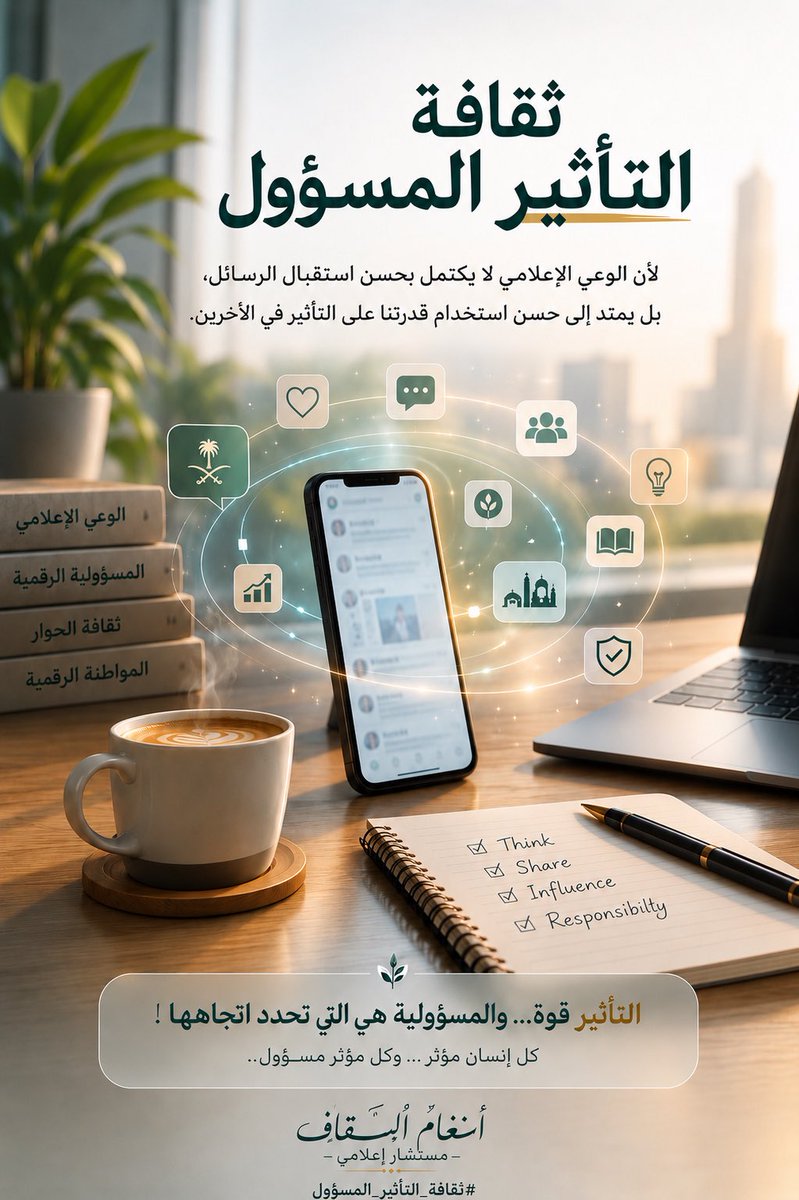 Diva_software's tweet photo. أخطر أنواع القوة… هي القوة التي لا يشعر صاحبها أنه يمتلكها.

ومن أكثرها حضورًا في حياتنا… قوة التأثير 

فقد تغيّر كلمةٌ قناعةً، ويصنع موقفٌ قدوةً، ويترك محتوىً أثرًا يمتد إلى أشخاص لم نلتقِ بهم يومًا.

ومن هنا تنطلق ثقافة التأثير المسؤول؛ أن ندرك قيمة تأثيرنا، وأن نستخدمه فيما ينفع أنفسنا، ويخدم ديننا، ويعزز مجتمعنا، ويسهم في رفعة وطننا.

في هذه السلسلة من #الوعي_الإعلامي نستكشف كيف يكون التأثير مسؤوليةً قبل أن يكون قدرة، وكيف نحوّل حضورنا الرقمي والمهني إلى قوةٍ تبني ولا تهدم.

التأثير قوة… والمسؤولية هي التي تحدد اتجاهها.

#ثقافة_التأثير_المسؤول