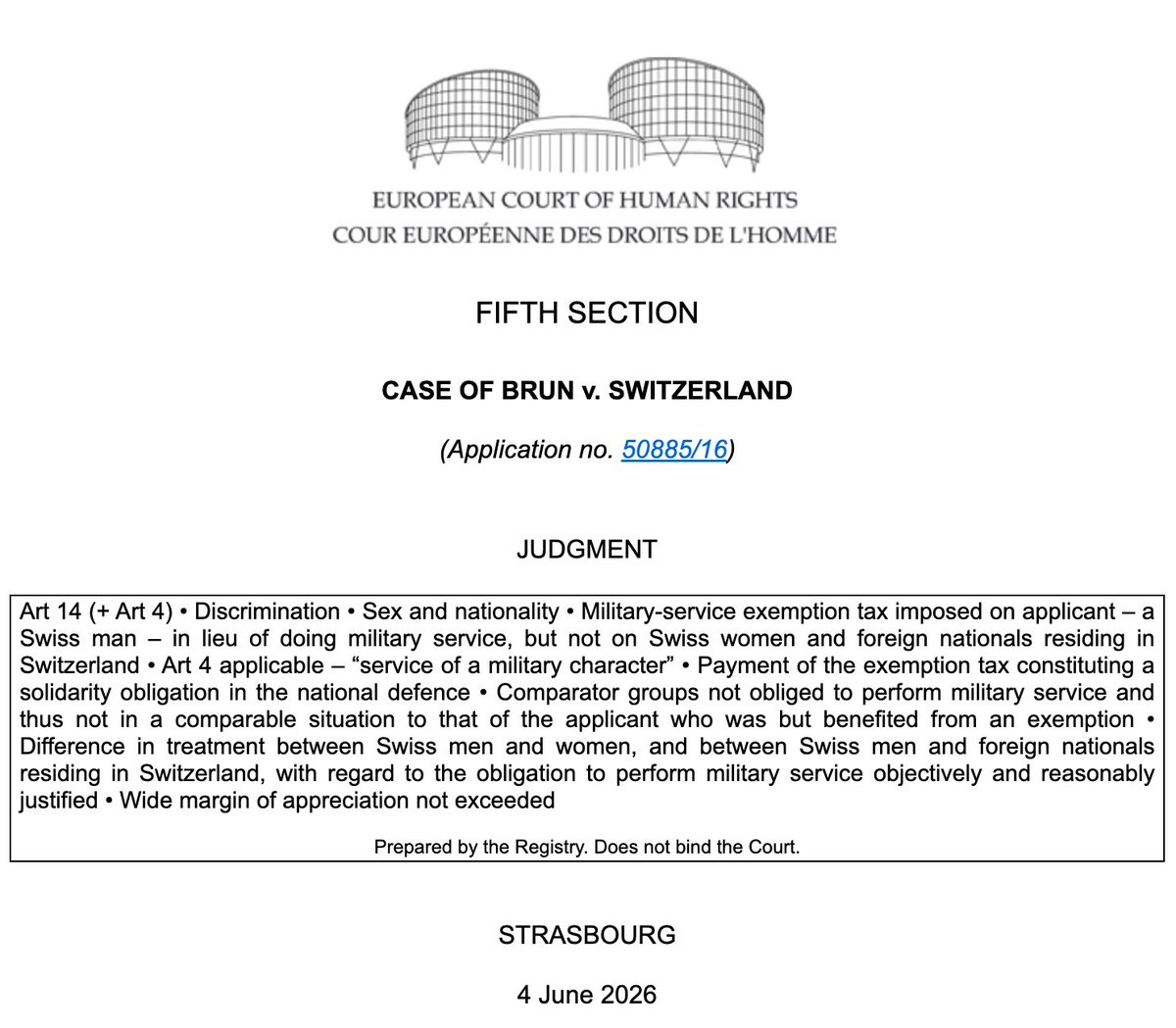 TheTinMenBlog's tweet photo. The European Court of Human Rights have unanimously ruled that conscripting Swiss men, or putatively taxing them +3% for 18 years if refused, isn't unlawful discrimination.

So, for Swiss men, it's either 9 months of grueling military service, or tens of thousands in extra taxes.