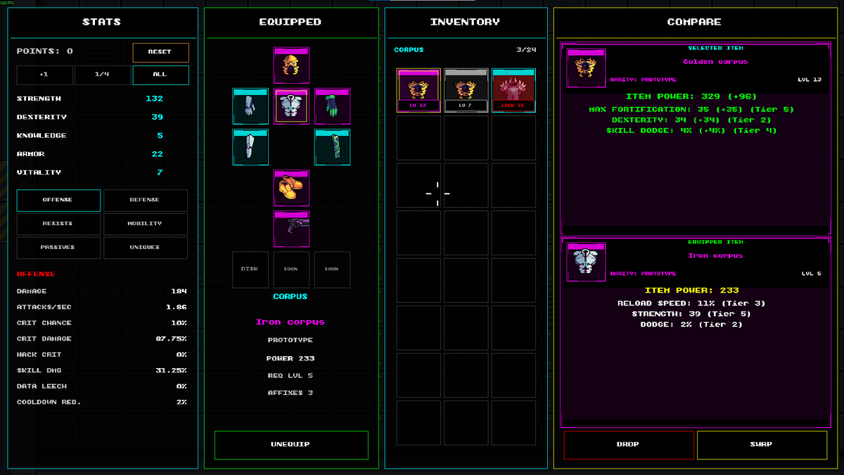 4TinsStudios's tweet photo. Still tweaking the inventory tab for better visibility. Item rarity and level requirements are much clearer now, but gear comparison still feels a little hard to read.

Any ideas on how to improve it? 👀

#indiedev #gamedev #coop #GameMaker https://t.co/bPP8oZKnqV