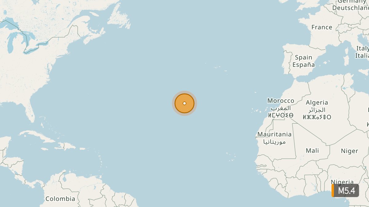 NewEarthquake's tweet photo. M5.4 earthquake - Northern Mid-Atlantic Ridge

Jul 26 18:19 UTC (23m ago)
Depth 10 km
https://t.co/xq4jXanUPp https://t.co/skGzRtco47