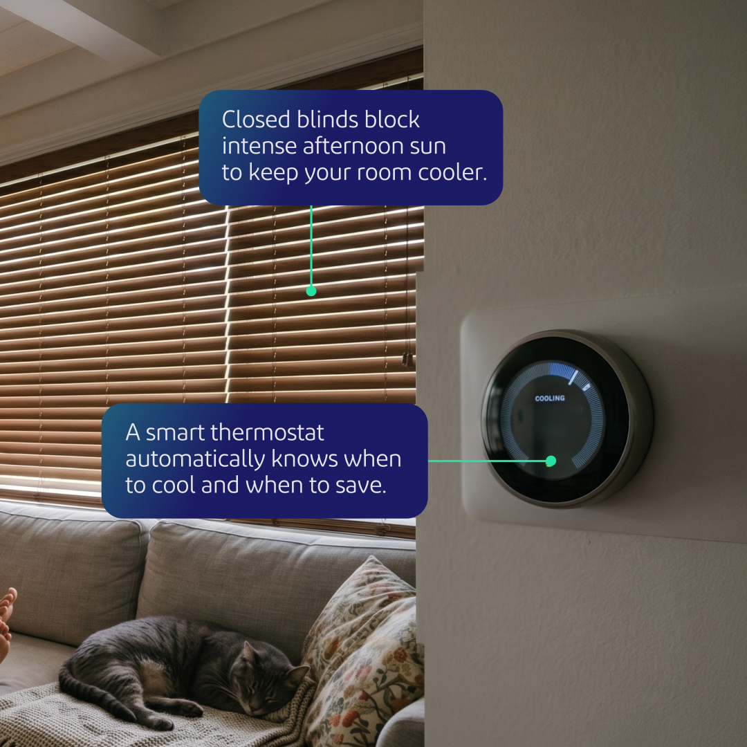 PepcoConnect's tweet photo. Staying cool during heat waves doesn’t have to mean cranking the AC. A few small adjustments around the house can make a big difference in comfort and savings, without always touching the thermostat. https://t.co/riM4ffXWZy