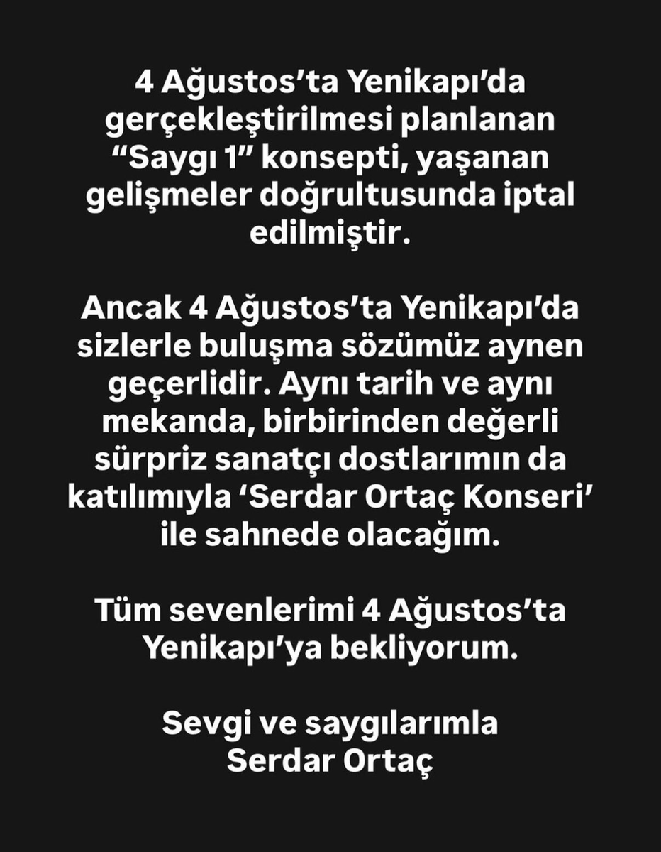 06rasit's tweet photo. Serdar Ortaç’ın 4 Ağustos’ta Yenikapı’da gerçekleştirmesi planlanan “Saygı1” konsepti konserinde,

devam eden hukuki süreç nedeniyle “Saygı” isminin kullanılmayacağı ve “Serdar Ortaç Konseri” olarak gerçekleştirileceği açıklandı. https://t.co/7GuvbMZ22e