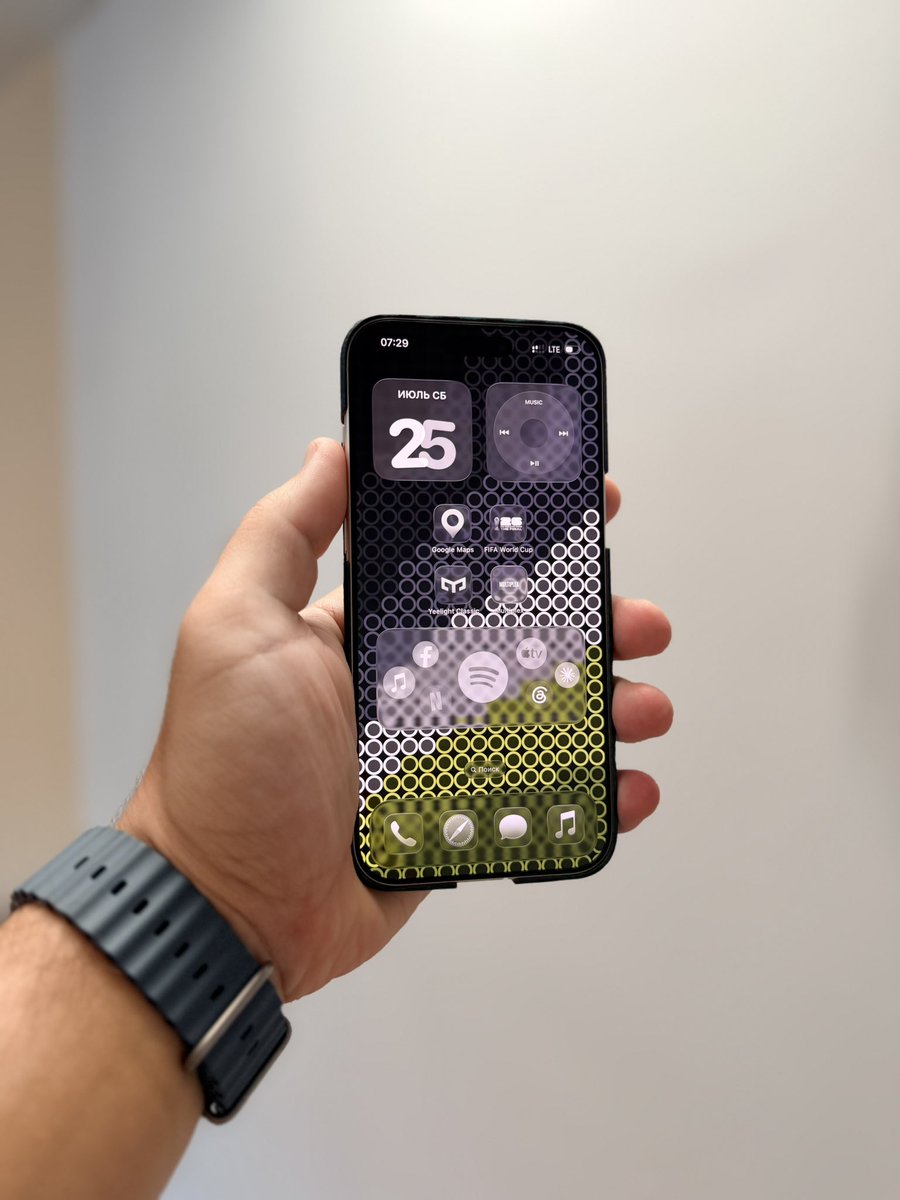 SpaceWall's tweet photo. Dark Dot iOS 27 Glass Setup ⚫️

A bold dotted background, transparent widgets, and glass-style icons create a sleek modern Home Screen. Dark, clean, and perfectly matched with the iOS 27 aesthetic🌚

#iOS27 #LiquidGlass #DarkSetup #iPhoneSetup #WallSpace https://t.co/lGkP9B3sAB