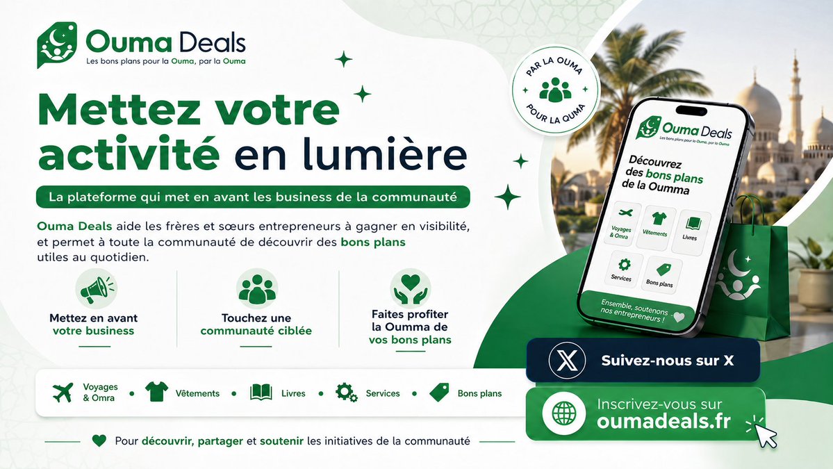 OumaDeals's tweet photo. 🤝 Et si chaque bon plan faisait aussi grandir un business de la communauté ?

Ouma Deals met en lumière les activités de frères et sœurs et partage des offres utiles à toute la Ouma.

👉 https://t.co/05JdH0CkYb

Suivez-nous et identifiez une activité que la communauté doit découvrir 👇

#OumaDeals #BonsPlans #Islam #Business #Entraide #Solidaire