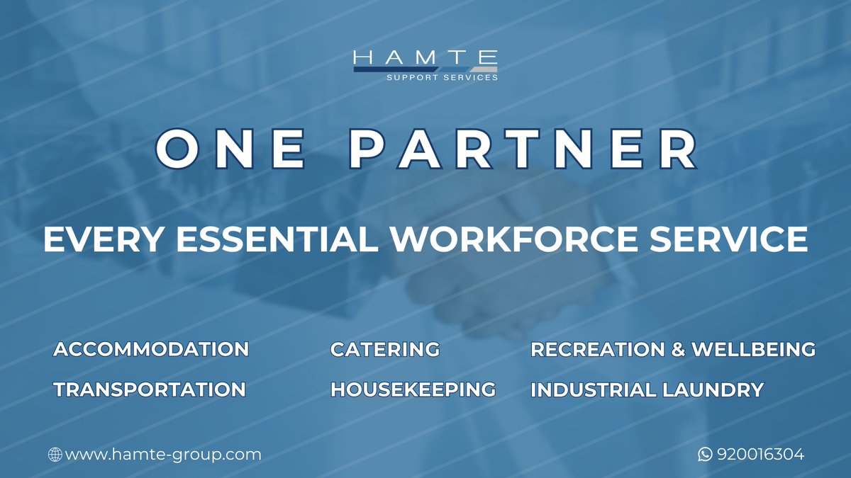 HamteGroup's tweet photo. From recruitment and onboarding to accommodation, transportation, and daily workforce management, HAMTE #SupportServices keeps your operations running smoothly.

We simplify workforce management so your teams can focus on performance while we handle the rest.

📞 920016304 https://t.co/kFIiMnqMiV
