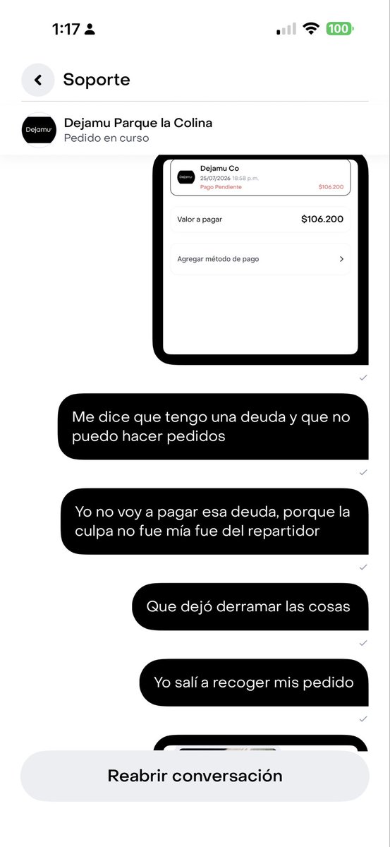 Bernal77_'s tweet photo. @RappiColombia como es posible que me cobren una deuda, cuando el repartidor fue el que no me entregó el pedido, porque estaba derramado por culpa de él, me tocó esperarlo más de una hora, y es un mentiroso y pone que nunca salí por el pedido.
El chat de soporte no sirve para nad https://t.co/k9rhJE1GFF