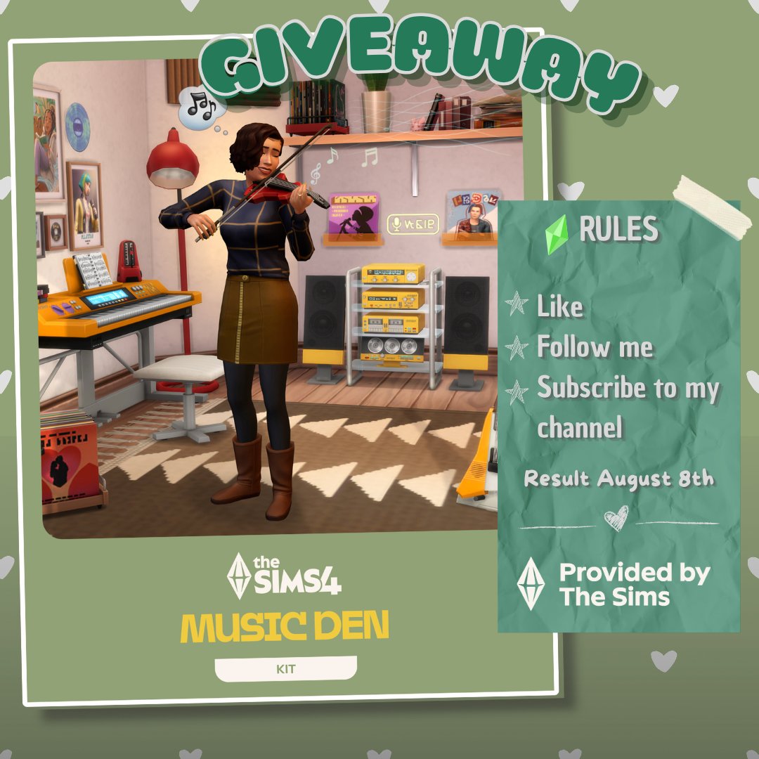 AceroladaG's tweet photo. 🚨GIVEAWAY🚨
 
Thanks to #EACreatorNetwork I'm giving away one copy of the Music Den Kit!  (AE App only)

RULES⬇️
•RT Like this post
•Follw me
•Subcribe to my Channel
https://t.co/H8rl852qgz

Result Augusto 8th  !!Good luck!! 
#SimsPartner #Thesims4 https://t.co/H3cAloYfmy