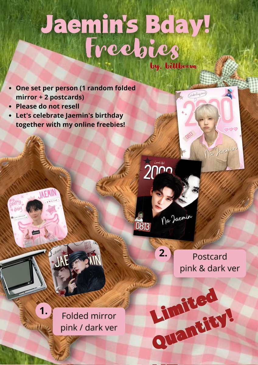 nabnab0708's tweet photo. hiii... interest check!! rt and likes are appreciated!

aku mau buat online birthday freebies buat celebrate birthday jaemin hehe, 
package nanti isinya: 1 random folded mirror sama  2 postcards (pink &amp; dark ver) 

adakah yang tertarik? 🥹 
kalau iya boleh rep di tweet ini yaw😍 https://t.co/XJkQmJSr2U