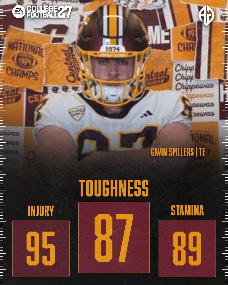 AGEDITS32's tweet photo. Gavin Spillers showing out in the official College Football 27 ratings 👀

The Central Michigan TE checks in with a 95 Injury, 89 Stamina, and 87 Toughness rating. Built to hold up and make an impact. 💪🔥

@gspilly17 https://t.co/w5QfnyefEI