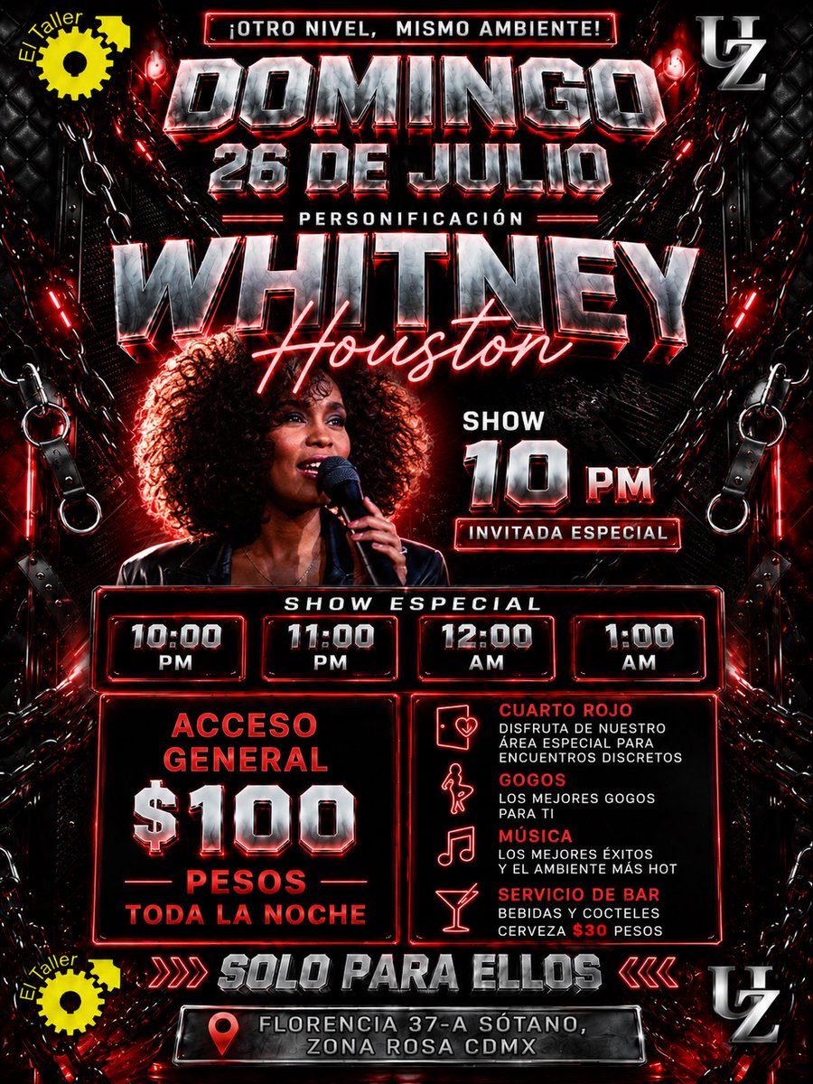 SoloEllosMX's tweet photo. 🏳️‍🌈🔥 HOY DOMINGO 26 DE JULIO | SOLO PARA ELLOS

🎤 10 PM Personificación de Whitney Houston
🔥 Shows especiales 10 PM • 11 PM • 12 AM • 1 AM
🚪 Cuarto Rojo + Gogos + música + bar
🎟️ Acceso $100 toda la noche
🍺 Cerveza $30

📍 El Taller — Florencia 37-A, Sótano, Zona Rosa CDMX https://t.co/vfqUTEgSHl