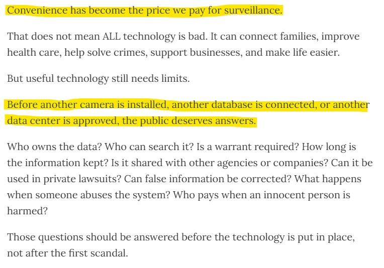 juliecbarrett's tweet photo. Really encouraging to hear this from a state lawmaker: "Before another camera is installed, another database is connected, or another data center is approved, the public deserves answers."

Check out Senator Tammy Nichols' full substack 🔗⬇️ https://t.co/N3ToeL8IQK