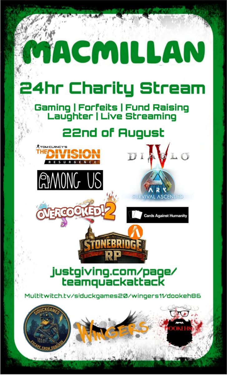 dookeh86gaming's tweet photo. 22nd August. Twitch. Me. @WingersTTV . @siduckgames20 . 24 hours. Games. Forfeits.

Lets raise as much as we can for @macmillancancer !!!

#charitystream #charity #streamer #twitch #letsdothis https://t.co/bZe0Q74ziX