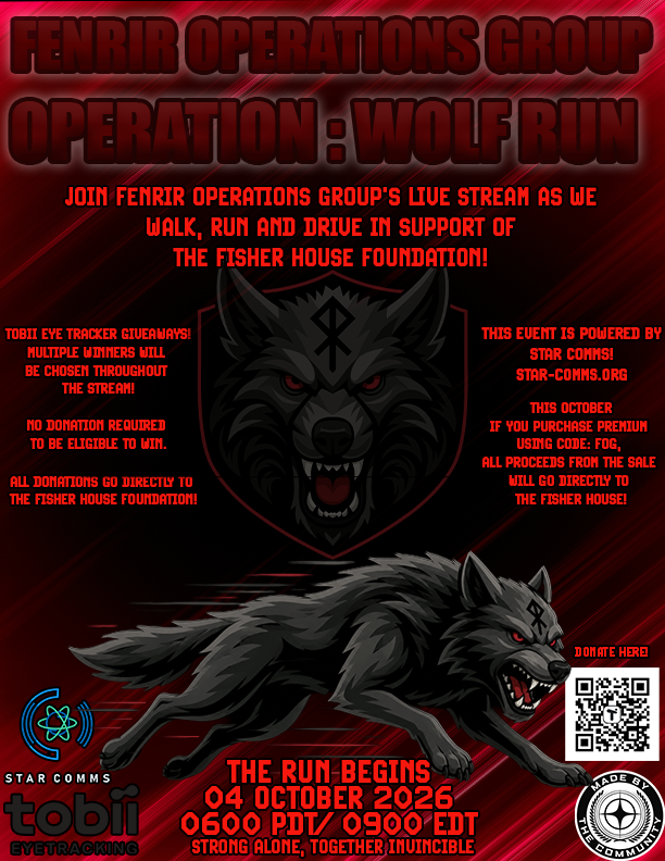 Fenrir_OG's tweet photo. On October 4th, 0600 PDT/ 0900 EDT, Fenrir Operations Group is conducting Operation: Wolf Run! 
Please join us to help a worthy cause!  @FHFStreaming  @FisherHouseFdtn 
#StarCitizen  #Fisherhouse https://t.co/SaDvgaCSXm