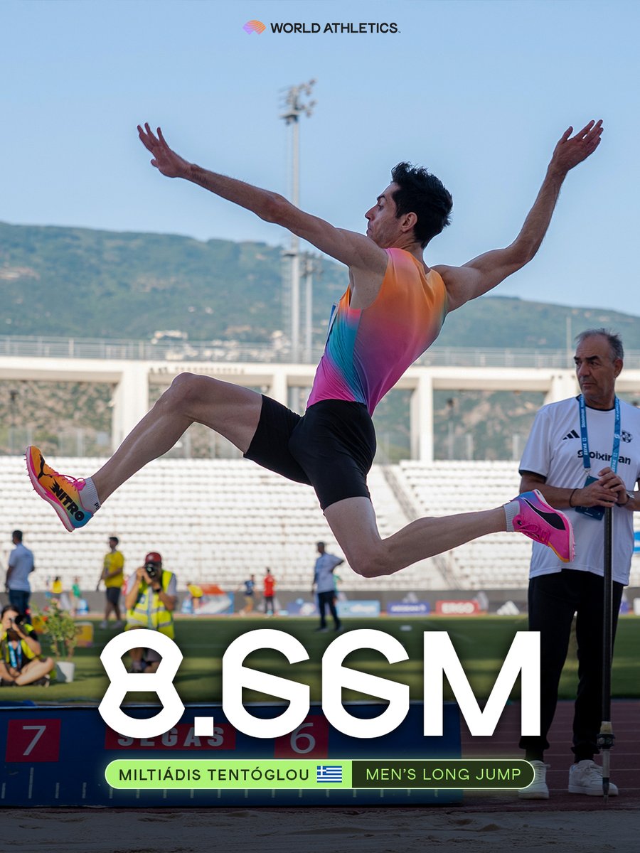 WorldAthletics's tweet photo. HE’S DONE IT ‼️

Olympic champ, 🇬🇷’s Miltiádis Tentóglou has leaped to the national record mark of 8.66m in the long jump to claim his 9th national title and move up to equal 13th on the all time list 🤯

📸 Anastasia Karekla https://t.co/wfHLH3h9Xi
