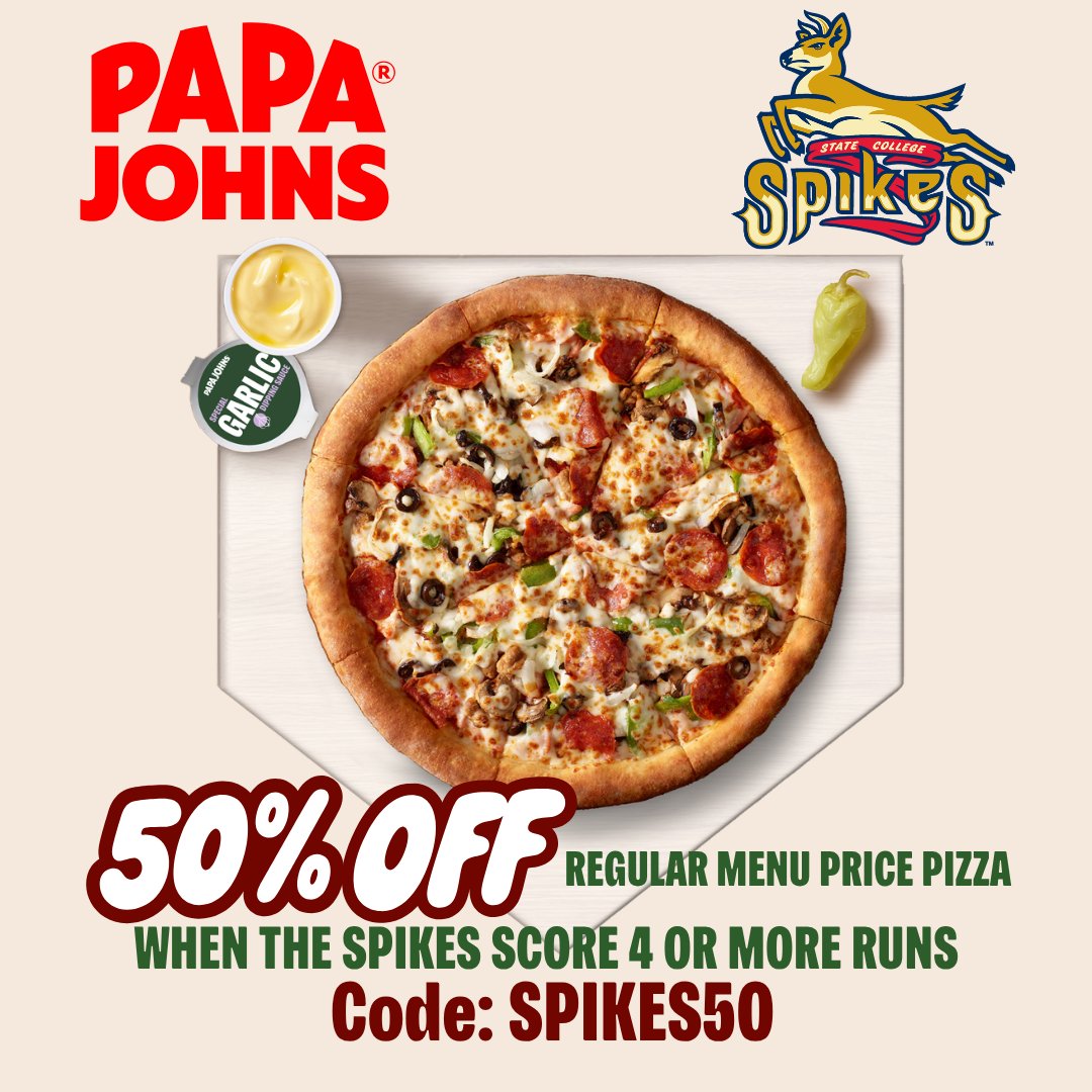 SCSpikes's tweet photo. The Spikes kept on scoring with 9 runs Saturday, and so do you this Sunday with 50% off your regular price pizza at @papajohns in State College!

Just use promo code SPIKES50 in-shop, phone-in or online at https://t.co/giLhANctFz! https://t.co/USKgYcpO2a