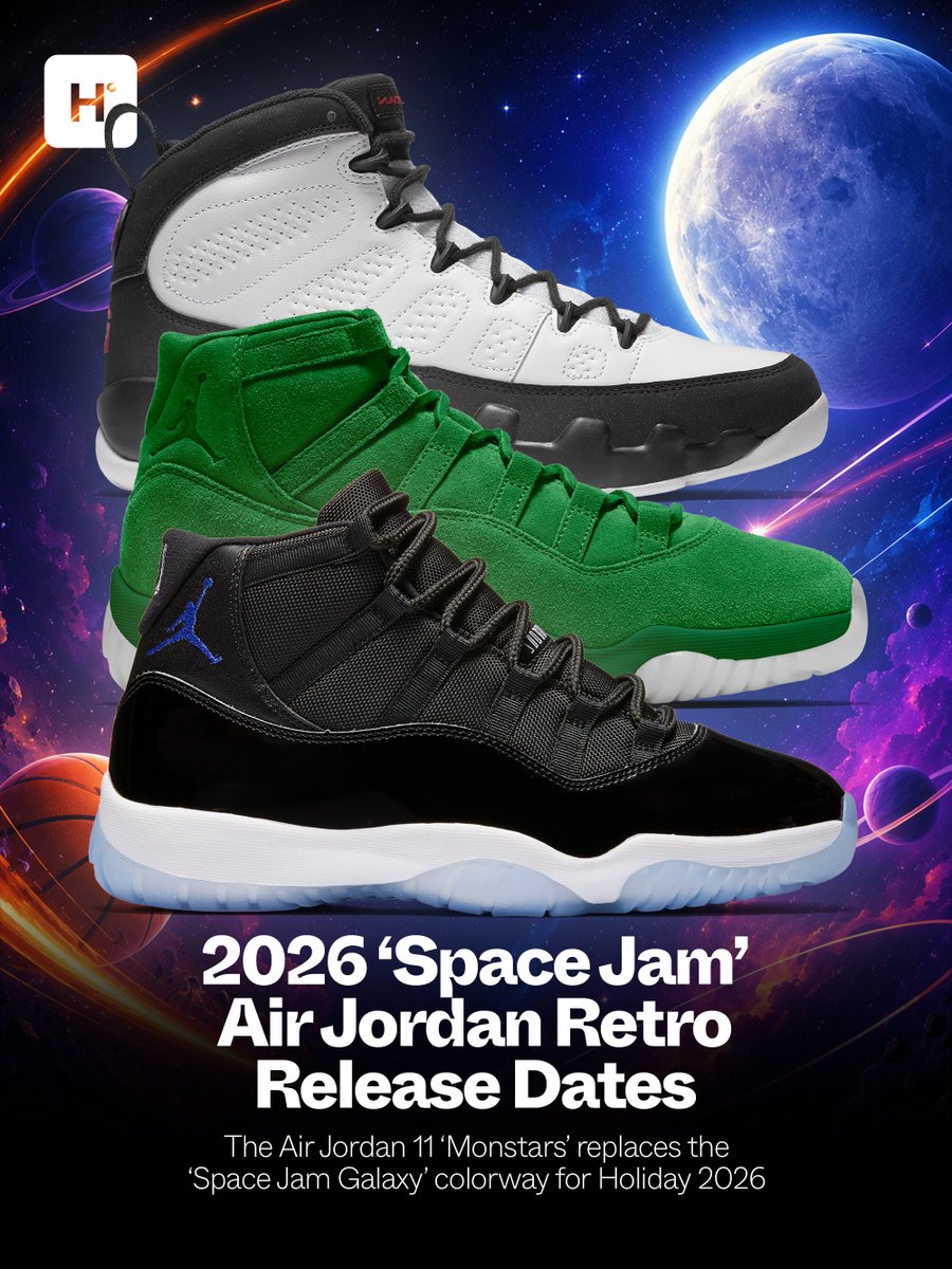 houseofheat's tweet photo. RELEASE UPDATE: As Jordan Brand prepares to celebrate Space Jam’s 30th anniversary, the Air Jordan 11 'Space Jam Galaxy' has reportedly been canceled and replaced by the 'Monstars' colorway, dropping on November 16.

The Air Jordan 11 'Space Jam' remains scheduled for December 12, while the Air Jordan 9 'Space Jam' has moved to September 19.