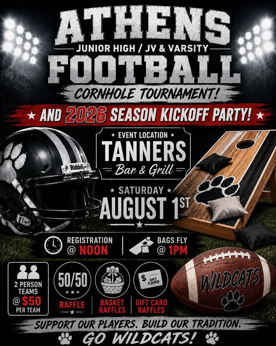 AthensWildcats's tweet photo. We are less than a week away for our Season Kickoff party and Cornhole tourney Tanner's Bar &amp; Grill. With school budget cuts our boys really need your help more than ever. We need New Helmets, shoulder pads, practice jerseys, travel gear and technology items. https://t.co/Ob7syq90I7