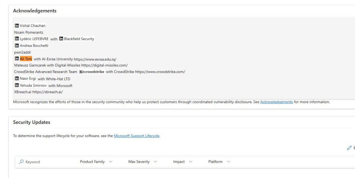 AliToni224's tweet photo. Honored to be acknowledged by Microsoft for the responsible disclosure of CVE-2026-50351.

Grateful to the @msftsecresponse (MSRC). Looking forward to contributing more to cybersecurity.

#Microsoft #MSRC #CVE #CyberSecurity #AliToni https://t.co/jsVp8LRHBX