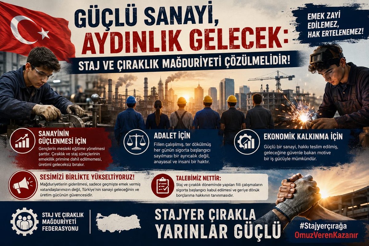 CirakStajFED's tweet photo. 🇹🇷 Güçlü Sanayi, Aydınlık Gelecek: Staj ve Çıraklık Mağduriyeti Çözülmelidir!
@Akparti
@MHP_Bilgi
@RTErdogan 
@dbdevletbahceli 
@eczozgurozel
@Yusuf__Tekin 
@tcmeb 
@isikhanvedat 
@csgbakanligi 
@memetsimsek 
@HMBakanligi 
@abakingurlek 
@iletisim 
@ypgenelmerkez
@herkesicinCHP
@iyiparti
@YeniYolTBMM
@SaadetPartisi
@GelecekPartiTR
@devapartisi
@_DemokratParti
@rprefahpartisi
@anahtarparti
@zaferpartisi
@bbpgenelmerkez
 @DSPGenelMerkez 
@BTP_Parti
@tipgenelmerkez
@dypmerkez 
@emekpartisi 
@NumanKurtulmus
@mehmetucum
@oktay_saral
@ejderacikkapi
@MahinurOzdemir
@profdrorhanates 
@MvDrHasanArslan 
@aerdemcantimur
@Korkutata_Zeki 
@isikhanvedat 
@vedatbilgn
@akbasogluemin
@NazimMavis
@leylasahinusta
@resulkurt34
@vedatbilgn
@zorlu77
@abuyukgumus

Bir ülkenin kalkınması, ekonomik bağımsızlığı ve sanayisinin küresel ölçekte güçlenmesi, alın teri dökerek nitelikli iş gücünü oluşturan gençlerin ve ustaların omuzlarında yükselir.

Üretimin mutfağında, tezgah başında, fabrikalarda ve atölyelerde fiilen çalışan; ülkenin sanayi çarklarını döndüren binlerce stajyer ve çırak, uzun yıllardır büyük bir hak kaybı ile karşı karşıyadır.

💡 Gerçek İş, Gerçek Alın Teri, Hak Ettiği Sosyal Güvence!

Genç yaşta üretime katılan, haftalarca ve aylarca fiilen çalışan kardeşlerimizin fiili çalışma başlangıçları, maalesef emeklilik hesaplamasında sigorta başlangıcı olarak kabul edilmemektedir.

Sanayinin Güçlenmesi İçin: Gençlerin mesleki eğitime yönelmesini teşvik etmek şarttır. Çıraklık ve staj süreçlerinin emeklilik primine dahil edilmediği bir sistem, mesleki eğitime olan ilgiyi azaltmakta ve üretim sektörünü geleceksin bırakmaktadır.

Adalet İçin: Fiilen çalışılmış, ter dökülmüş her günün sigorta başlangıcı sayılması bir ayrıcalık değil, anayasal ve insani bir haktır.

Ekonomik Kalkınma İçin: Güçlü bir sanayi, hakkı teslim edilmiş, geleceğine güvenle bakan motive bir iş gücüyle mümkündür.

📢 Sesimizi Birlikte Yükseltiyoruz!
Bizler Staj ve Çıraklık Mağduriyeti Federasyonu olarak diyoruz ki; mağduriyetlerin giderilmesi, sadece geçmişte emek vermiş vatandaşlarımızın değil, Türkiye’nin sanayi geleceğinin ve üretim gücünün güvencesidir.

Devletimizden ve yetkililerimizden talebimiz nettir: Staj ve çıraklık döneminde yapılan fiili çalışmaların sigorta başlangıcı kabul edilmesi ve geriye dönük borçlanma hakkının tanınmasıdır.

"Üreten Türkiye'nin temeli stajyer ve çıraktır! Emek zayi edilemez, hak ertelenemez."

Stajyer Çırakla Yarınlar Güçlü
#StajyerçırağaOmuzVerenKazanır