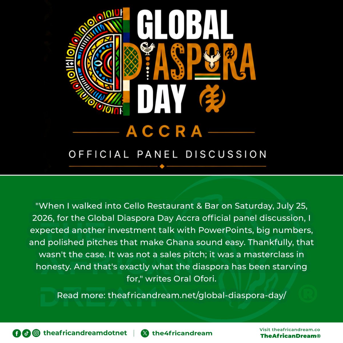 oralofori's tweet photo. "When I walked into Cello Restaurant & Bar on Saturday, July 25, 2026, for the Global Diaspora Day Accra official panel discussion, I expected another investment talk with PowerPoints, big numbers, and polished pitches that make Ghana sound easy. Thankfully, that wasn't the case. It was not a sales pitch; it was a masterclass in honesty. And that's exactly what the diaspora has been starving for," writes Oral Ofori. 
*
Read more: https://t.co/076o5M1t78