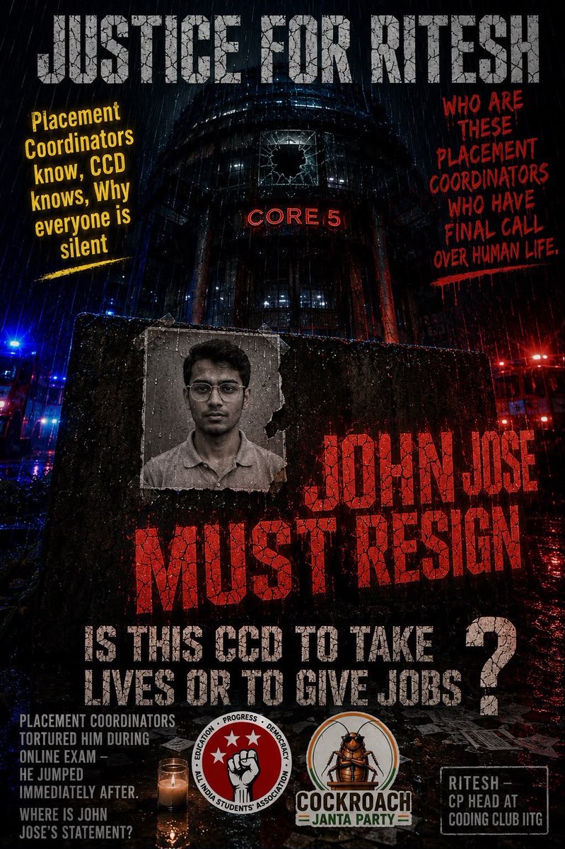 bisleri_boi's tweet photo. Another suicide in IITG!
There is something gravely wrong with our education system.

The student was from CSE Department, Coding club head in IITG and a Candidate master on Code forces.

It is crazy what educational burden is doing nowadays.

#IITG #StudentProtesIndia https://t.co/0tH6thkJ5q
